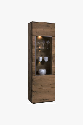 Keskeny tölgyfa vitrin üveges résszel, égetett tölgy színű